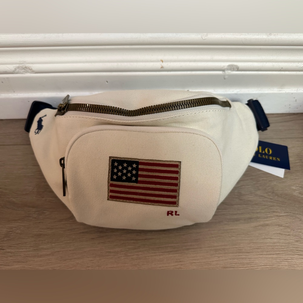 NWT Polo Ralph Lauren Fannypack Waist Bag Cream Color Canvas USA Flag